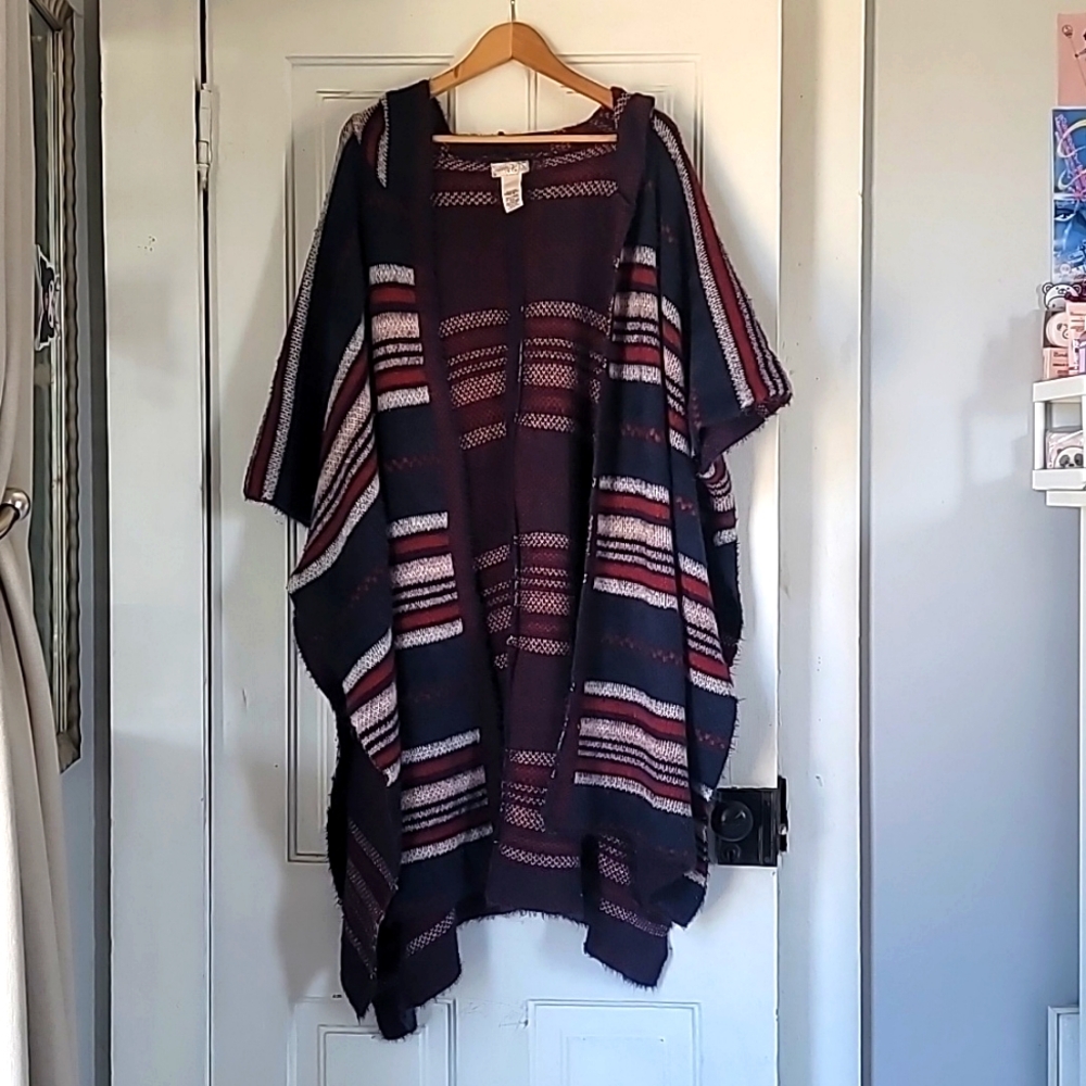 Free People Cold Canyon Hooded Poncho Striped Hooded Oversized boh Blue Red O/S